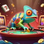 Experience the excitement of 58win with a vibrant casino scene featuring a playful chameleon and diverse gaming elements.