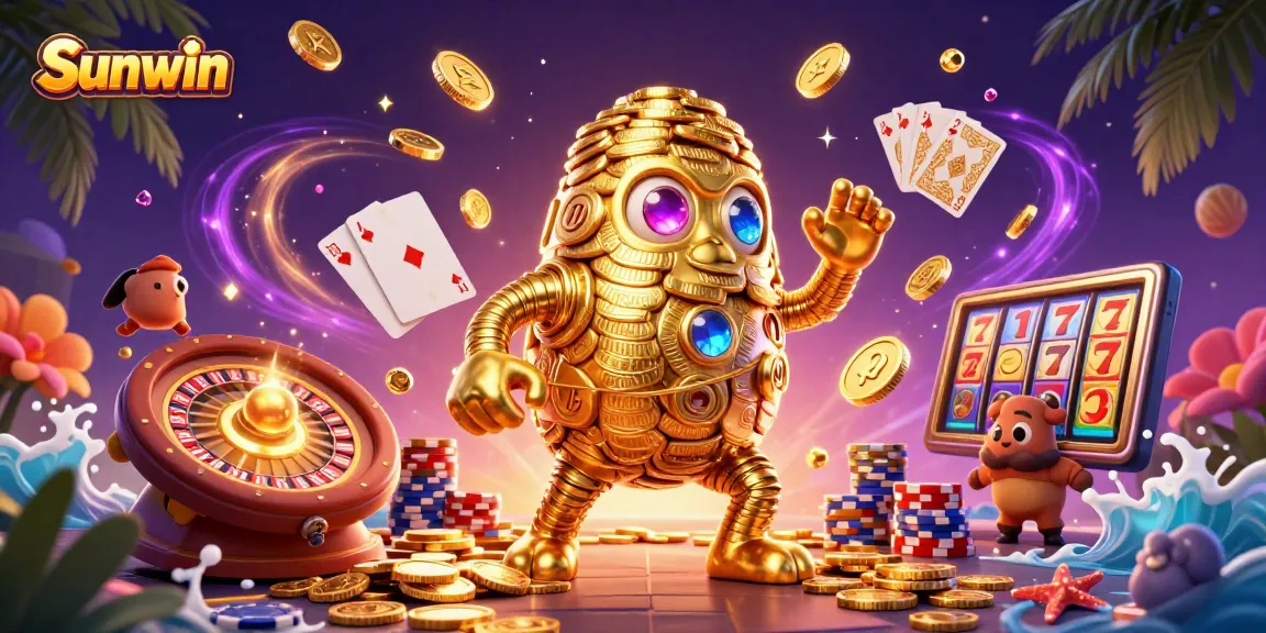 Experience vibrant Sunwin gaming with a golden golem, coins, and 3D casino elements.