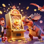 gg88 jackpot excitement as cartoon dinosaurs interact with slot machines and coins