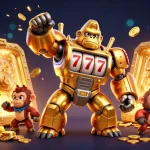 Engage with ea88bet's thrilling casino experience featuring a dynamic golden gorilla mech amidst treasures.