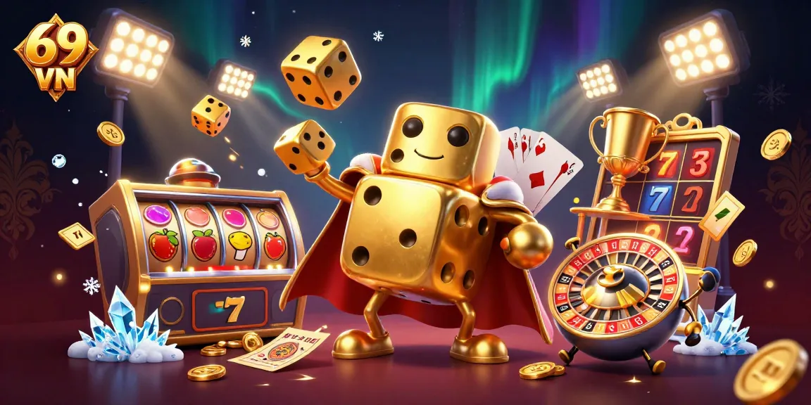 Experience the excitement of 69 VN with a vibrant casino-themed illustration featuring a golden dice golem.